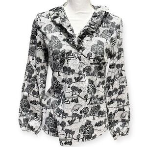 Elizabeth McKay Black & White Ruffle V-neck Blouse Artsy Trees Size 4